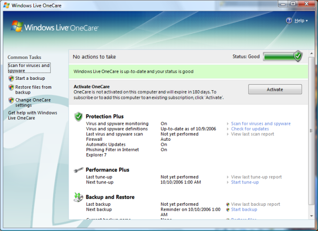 Windows OneCare Screenshot